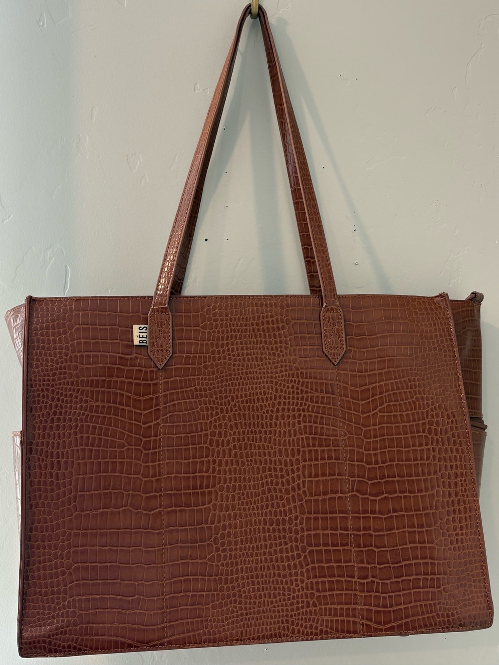 BÉIS Work Tote Brown Cognac Croc Embossed Vegan Leather